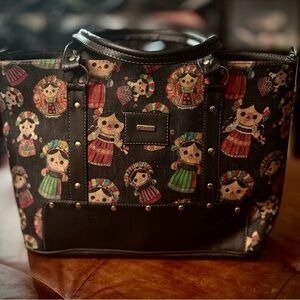 Playful Doll-Print Black Tote Bag with Colorful Accents